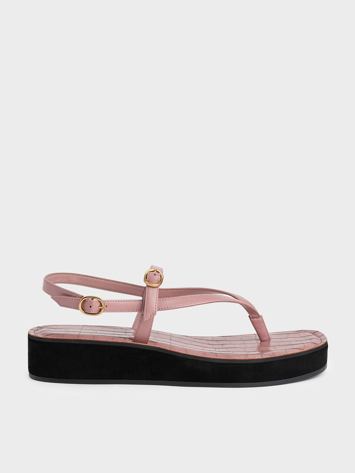 Sandal Thong Strappy Flatform Croc-Effect, Pink, hi-res