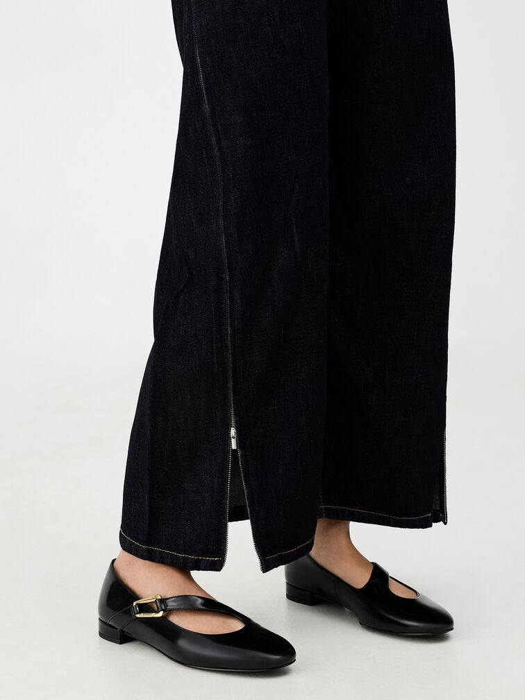Sepatu Mary Jane Daena Leather Asymmetric-Strap, Black Box, hi-res