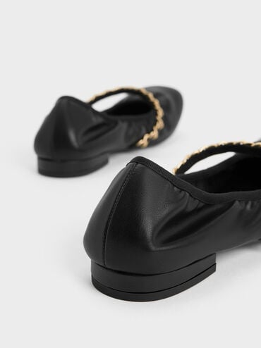 Sepatu Mary Janes Braided-Chain Strap, Black, hi-res