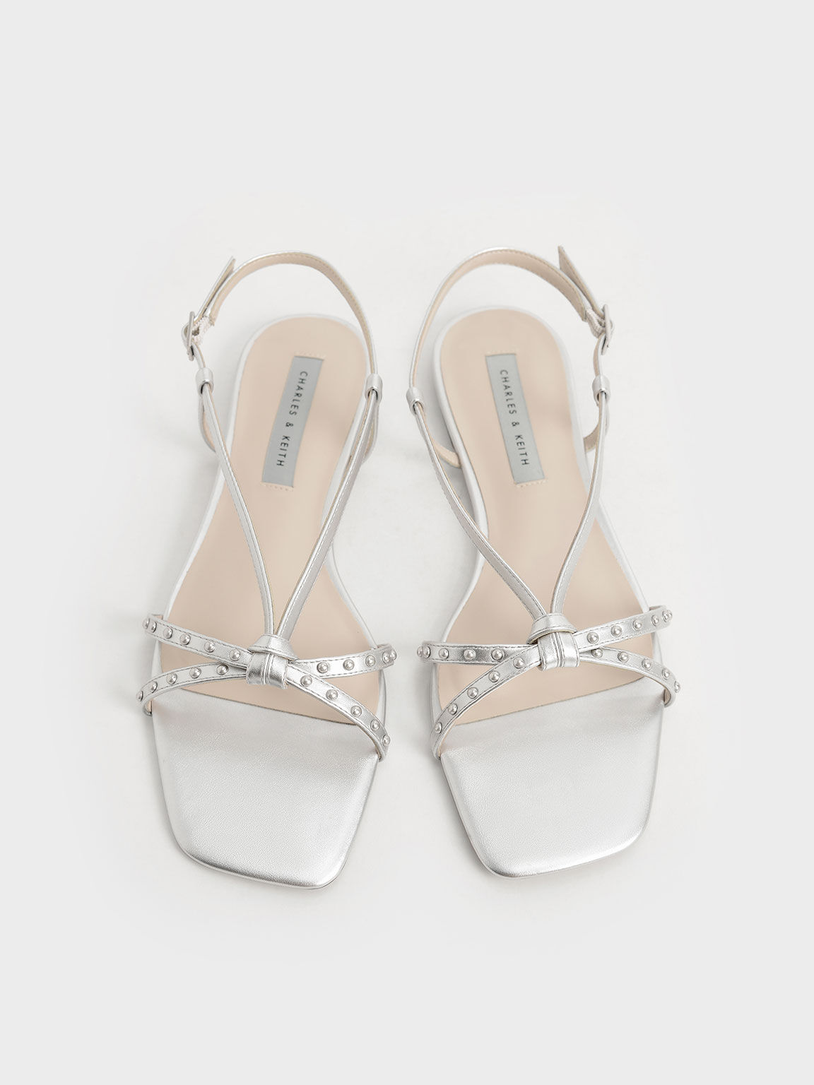 Metallic Studded Flat Slingback Sandals, Silver, hi-res