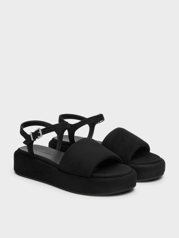 Sandal Flatform Ankle-Strap Faux Suede, Black Textured, hi-res