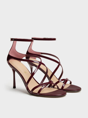 Sandal Stiletto Strappy Leather Patent, Burgundy, hi-res