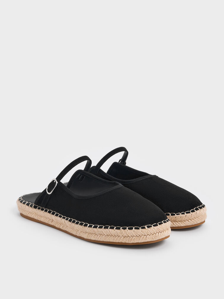 Sepatu Espadrilles Mary Jane Slip-On Faux Suede, Black Textured, hi-res