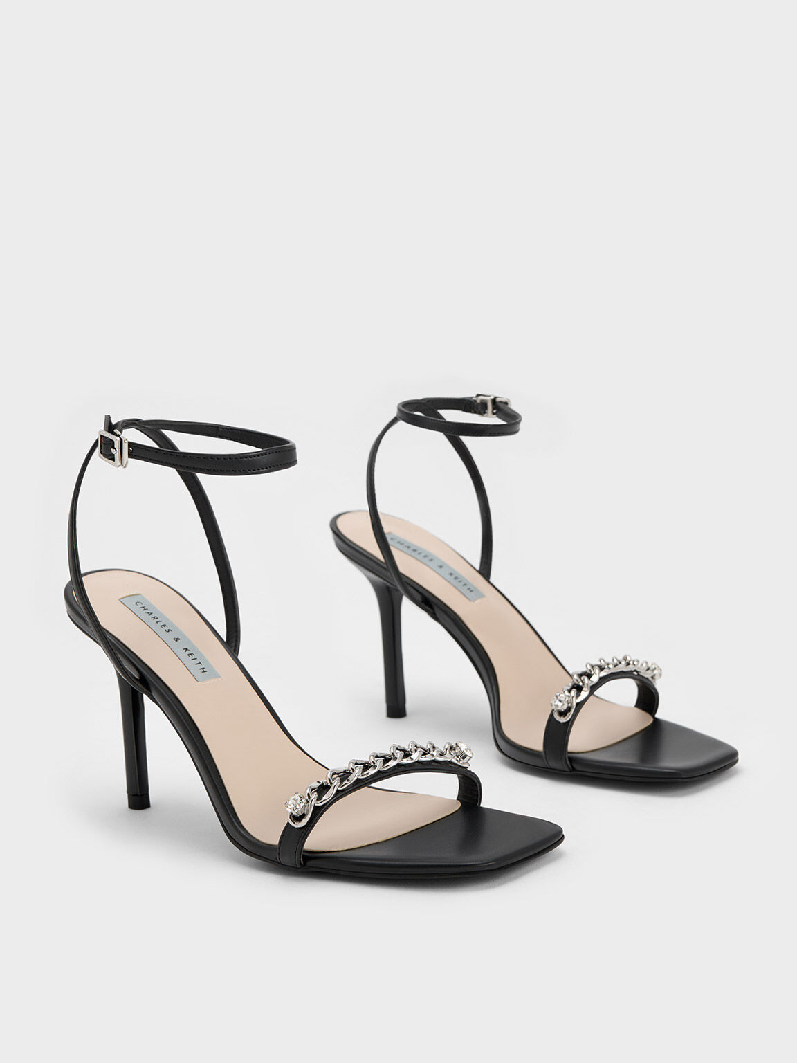 Sandal Ankle Strap Chain-Embellished, Black, hi-res