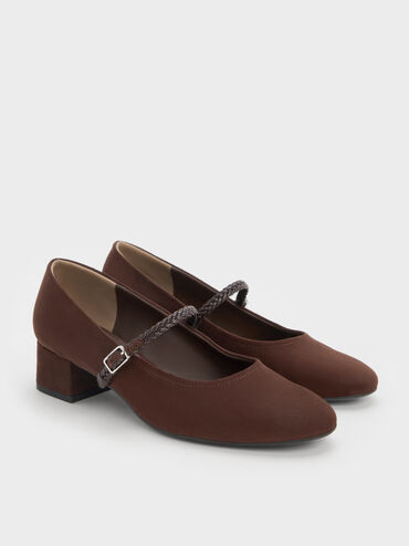 Sepatu Pumps Mary Jane Franca Fuax Suede, Dark Brown Textured, hi-res