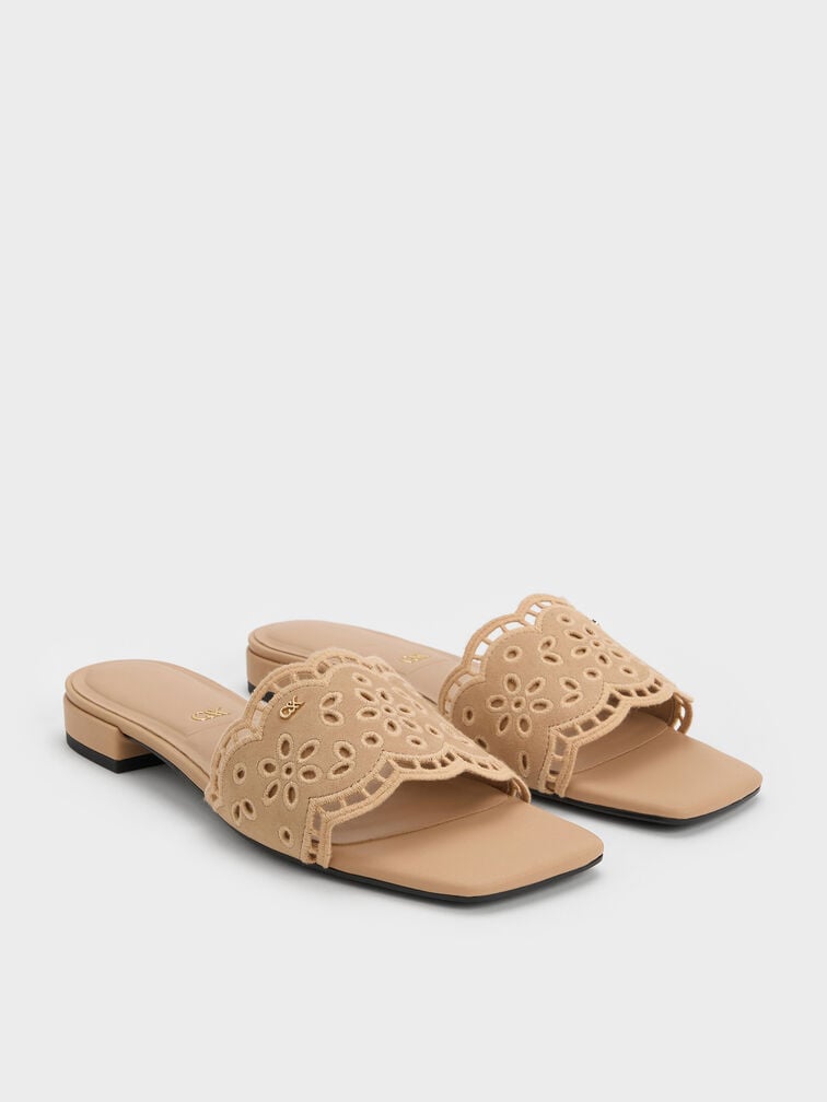 Sandal Selip Embroidered Leather, Beige, hi-res