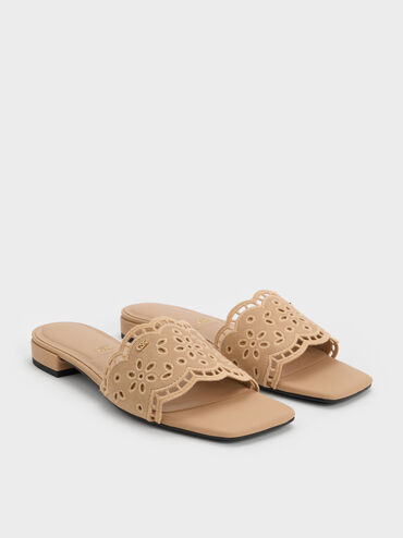 Sandal Selip Embroidered Leather, Beige, hi-res