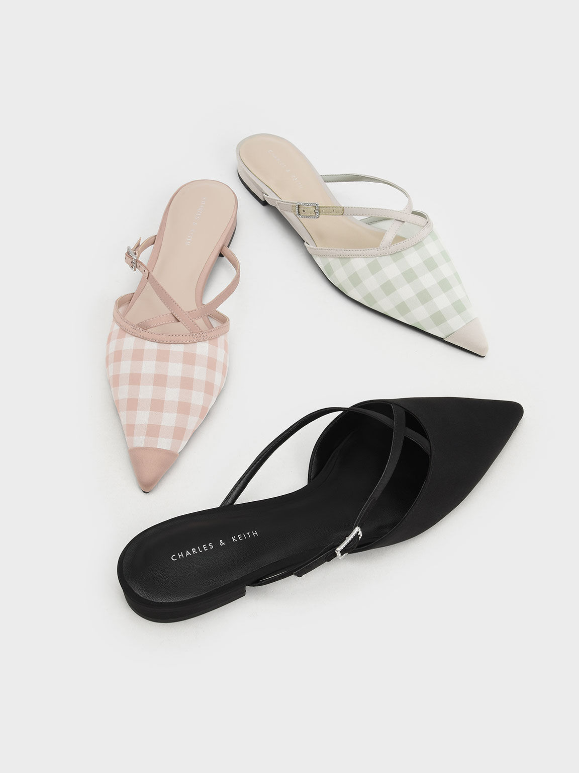 Sepatu Strappy Mules Satin Check-Print Pointed-Toe, Blush, hi-res