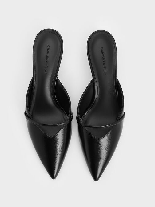 Sepatu Mules Pointed-Toe Sculptural-Heel Crinckle-Effect, Black, hi-res
