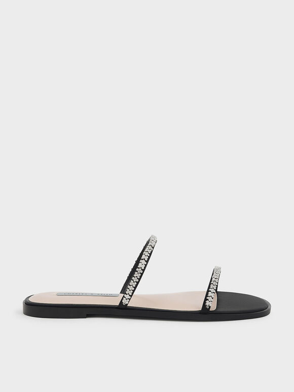 Sandal Strappy Slide Gem-Encrusted, Black, hi-res