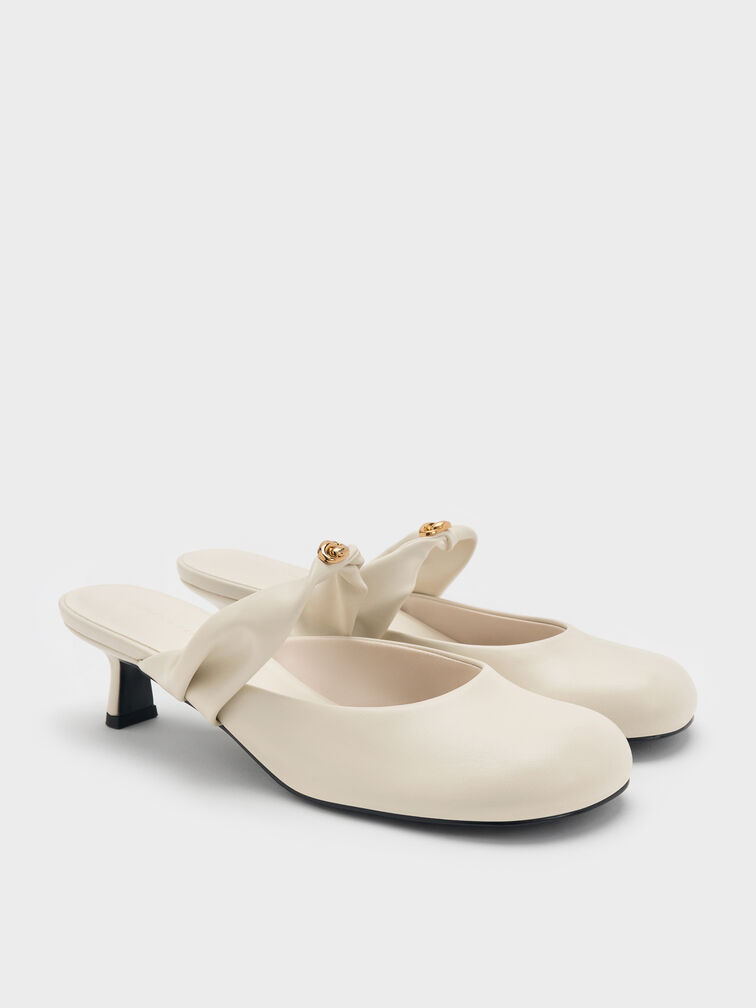 Sepatu Mules Heeled Twisted-Strap Metallic-Accent, Chalk, hi-res