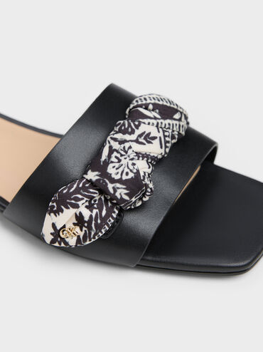 Sandal Slide Printed-Strap Leather Tayari, Black, hi-res