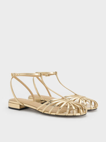 Sandal Caged Leather Metallic Jaylene, Gold, hi-res