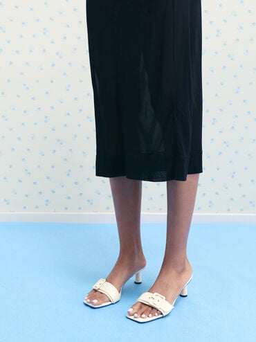 Patent Buckle-Strap Heeled Mules, Butter, hi-res