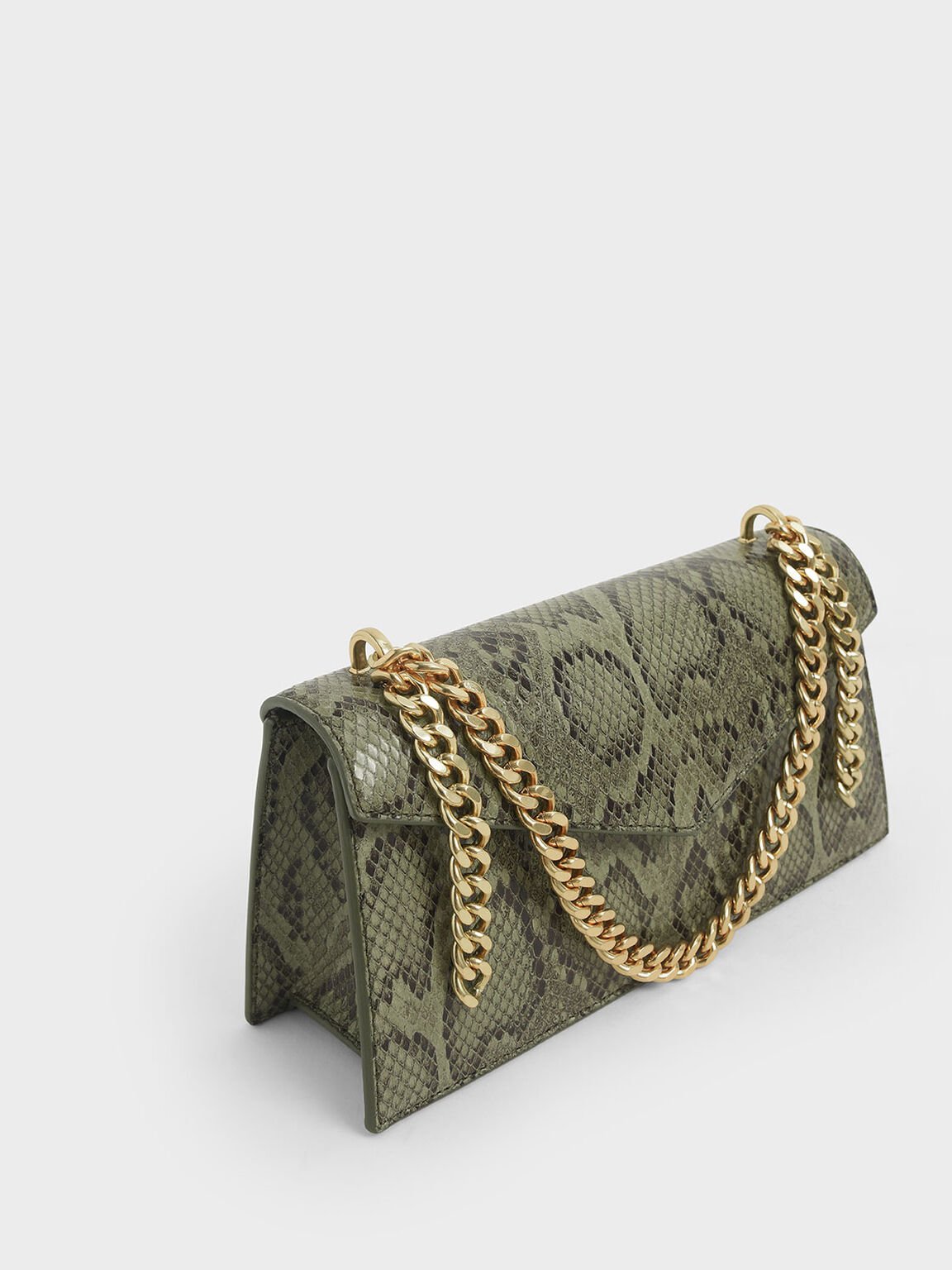 Snake Print Envelope Chain Handle Bag, Green, hi-res
