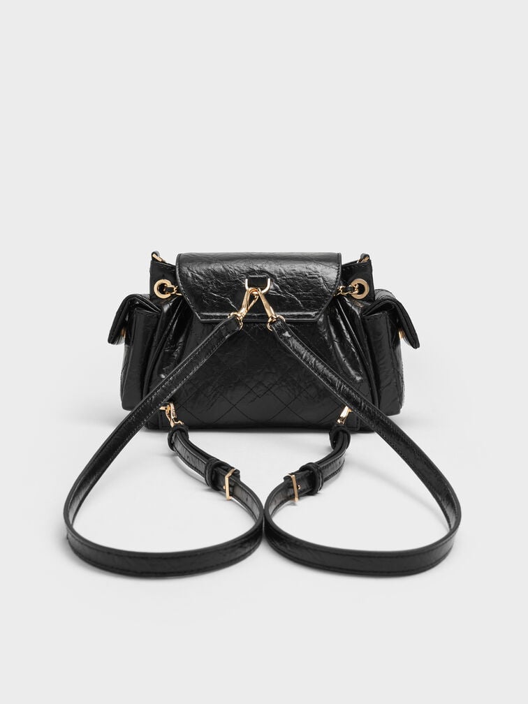 Tas Ransel Front Flap Two-Way Quilted Duo, Black, hi-res