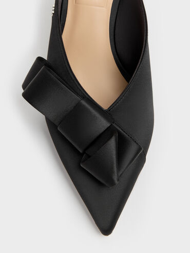 Pleated-Bow Pointed Heeled Mules, Black Textured, hi-res
