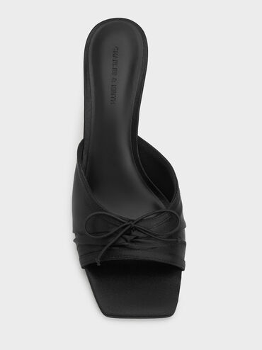 Sepatu Heeled Mules Ruched Bow Satin, Black Textured, hi-res