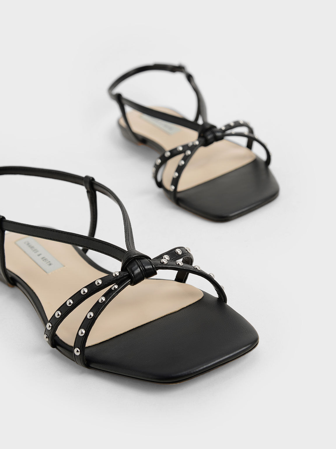 Studded Flat Slingback Sandals, Black, hi-res