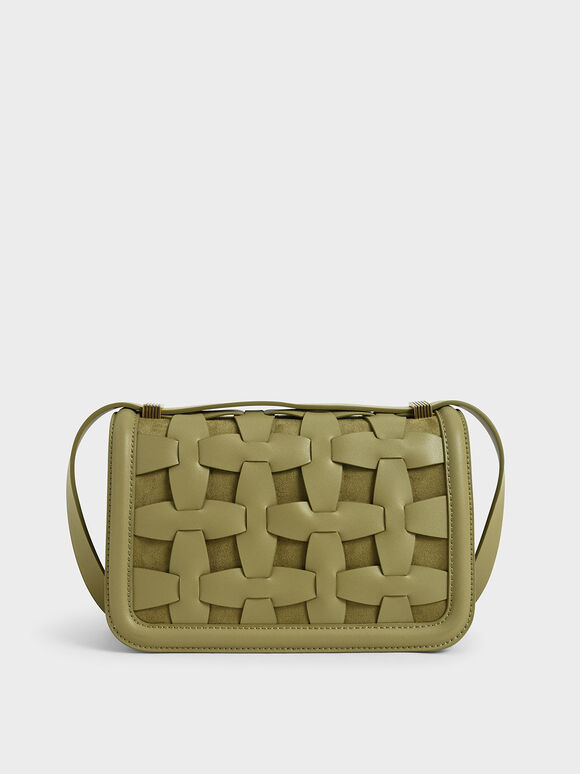 Weave Detail Shoulder Bag, Sage Green, hi-res