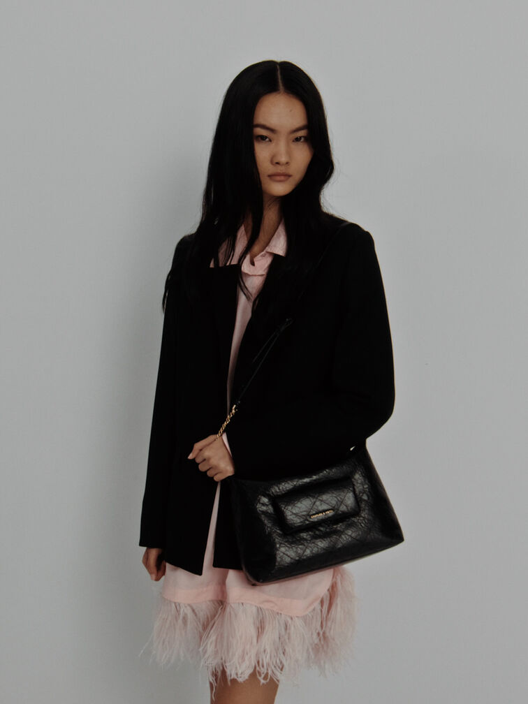 Duo Quilted Front-Pocket Hobo Bag, Black, hi-res