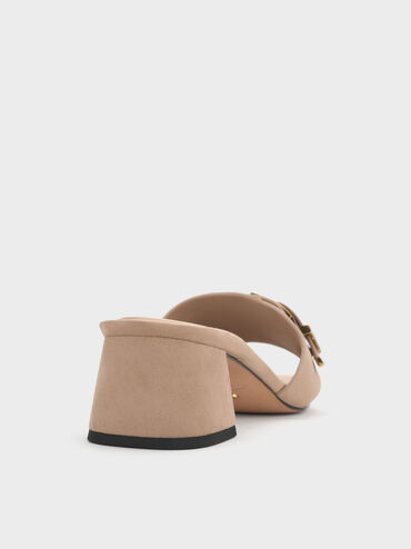 Whitney Suede & Leather Buckled Block-Heel Mules, Taupe, hi-res
