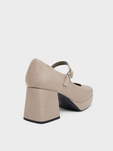 Sepatu Pumps Mary Jane Platform Suede Faux, Taupe, hi-res