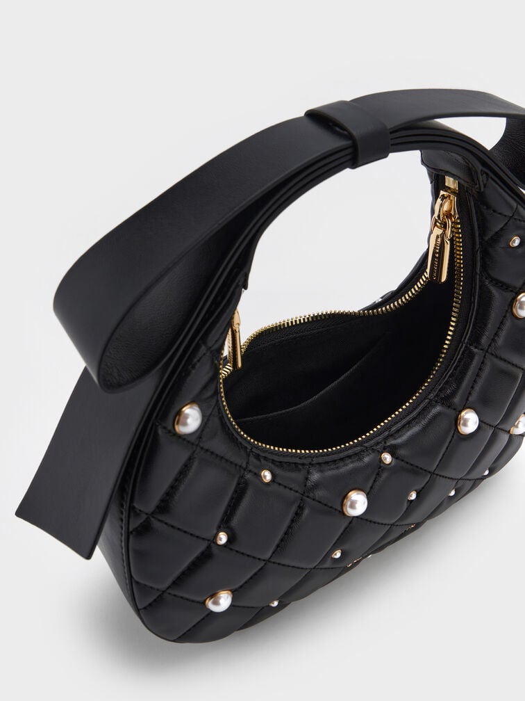 Tas Crescent Bow-Handle Janie Quilted Pearl-Embellished, Black, hi-res