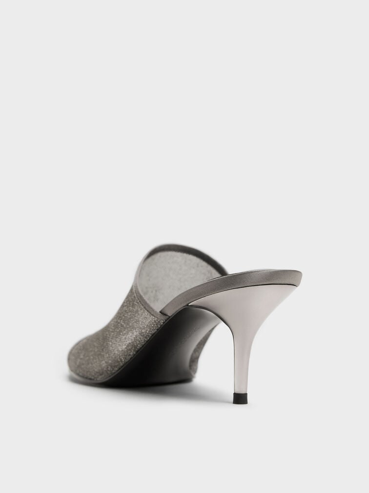 Sepatu Mules Heeled Glittered Mesh, Grey, hi-res