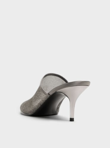 Sepatu Mules Heeled Glittered Mesh, Grey, hi-res