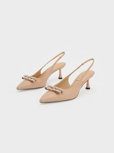 Sepatu Slingback Pumps Square Crystals Pointed-Toe Leather, Nude, hi-res