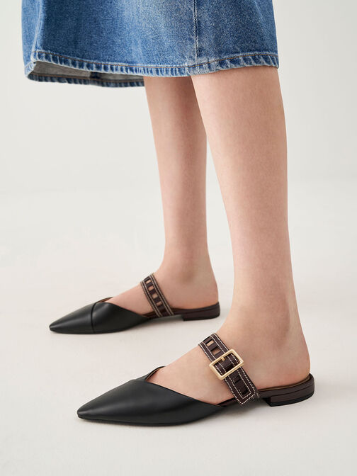 Sepatu Pumps Cut-Out Strap Heeled Linen Mule, Black, hi-res