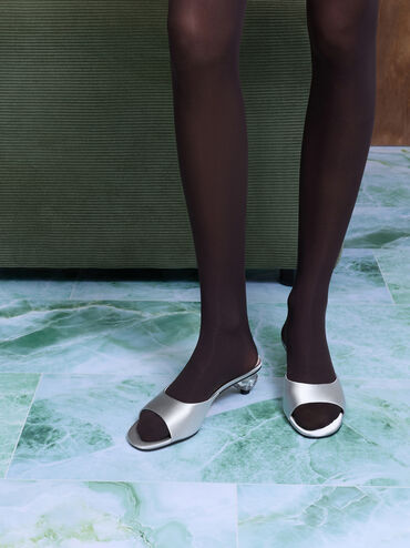 Sepatu Mules Crystal-Heel Satin, Silver, hi-res