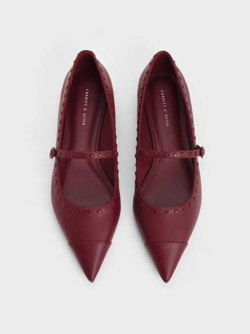 Studded Pointed-Toe Mary Jane Flats, Burgundy, hi-res