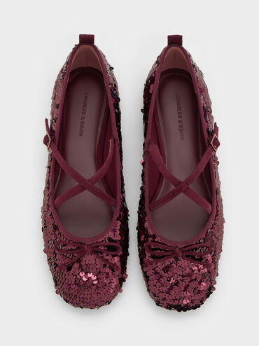 Sepatu Flats Sequinned Crossover Mary Jane, Burgundy, hi-res
