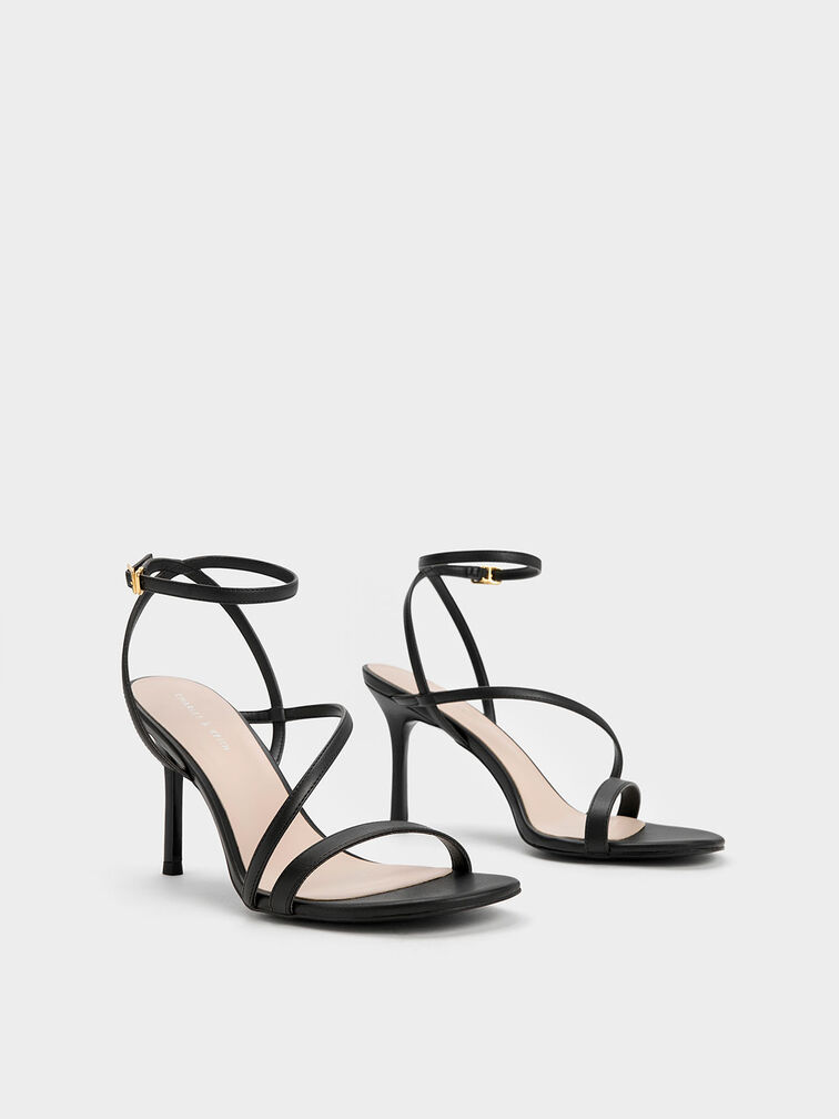 Asymmetric Strappy Heeled Sandals, Black, hi-res