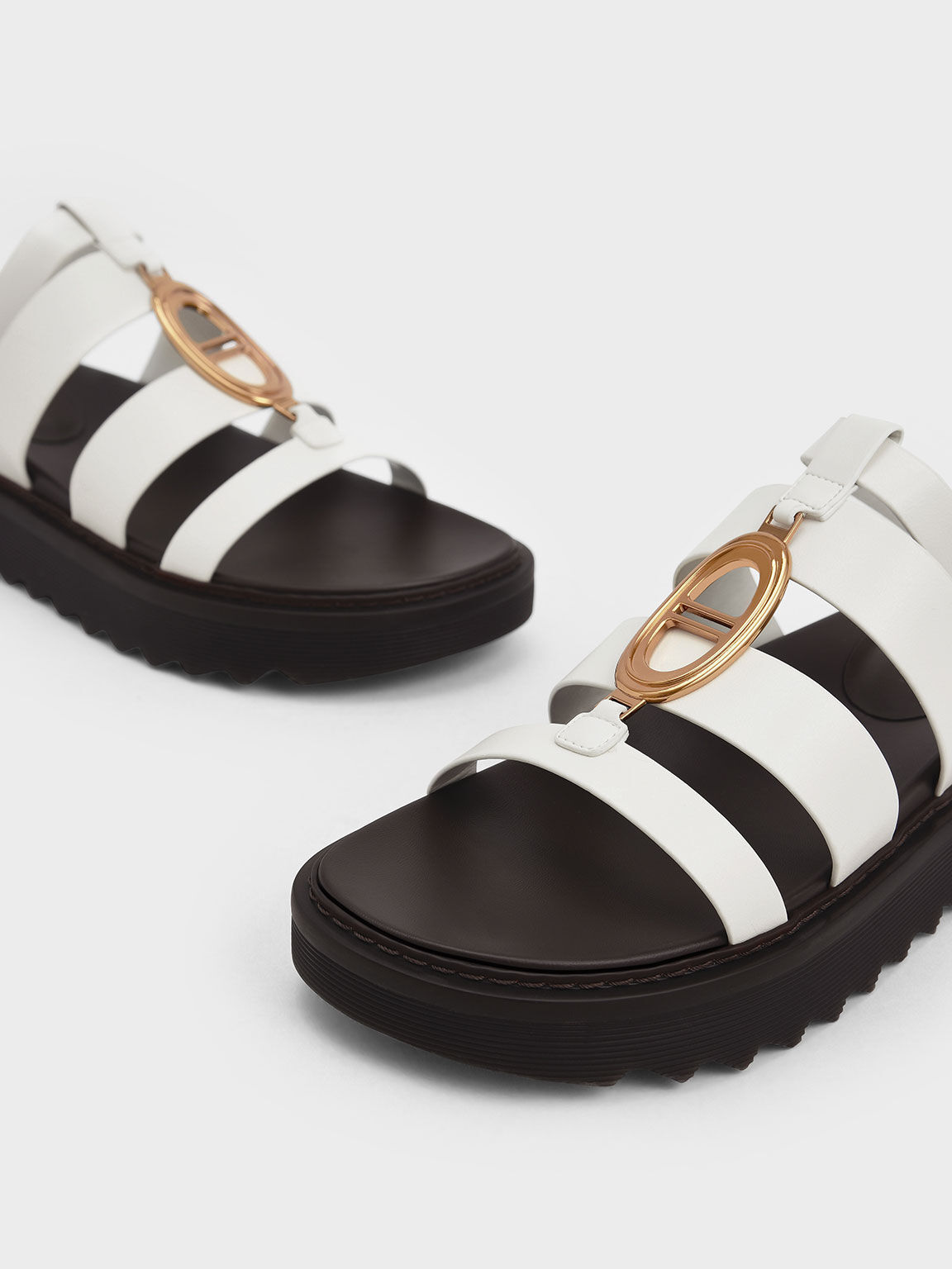 Metallic Accent Flatform Gladiator Sandals, White, hi-res