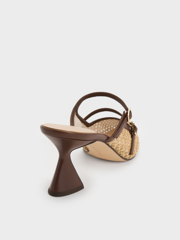Sepatu Mules Pointed Sculptural-Heel Raffia, Dark Brown Textured, hi-res