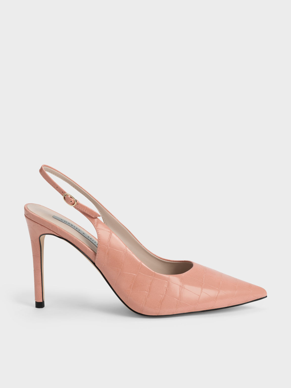 Sepatu Pumps Slingback Croc-Embossed Stiletto Heel, Animal Print Pink, hi-res