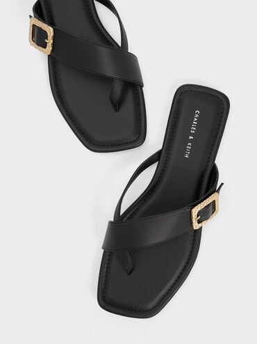 Quilted Buckle Thong Sandals, Black, hi-res