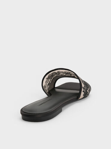 Sandal Selip Embroidered-Mesh Satin, Black Textured, hi-res