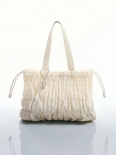 Tote Bag Ruched Nylon Klio, Cream, hi-res