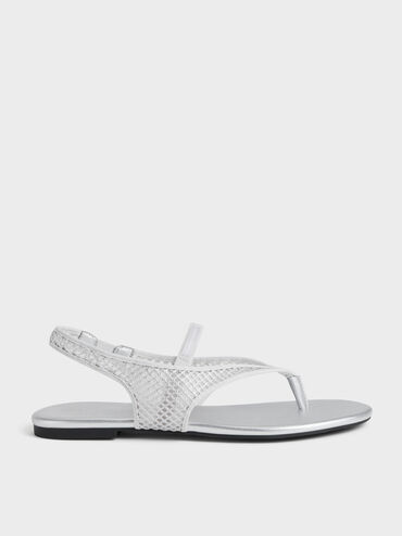 Sandal Slingback Thong Mesh Ellory, Silver, hi-res
