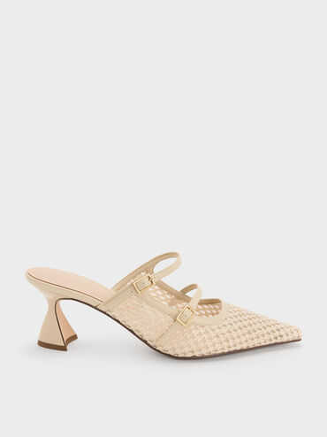 Sepatu Mules Pointed Sculptural-Heel Raffia, Beige, hi-res