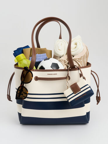 Tas Tote Drawstring Striped Hanya Canvas, Multi, hi-res