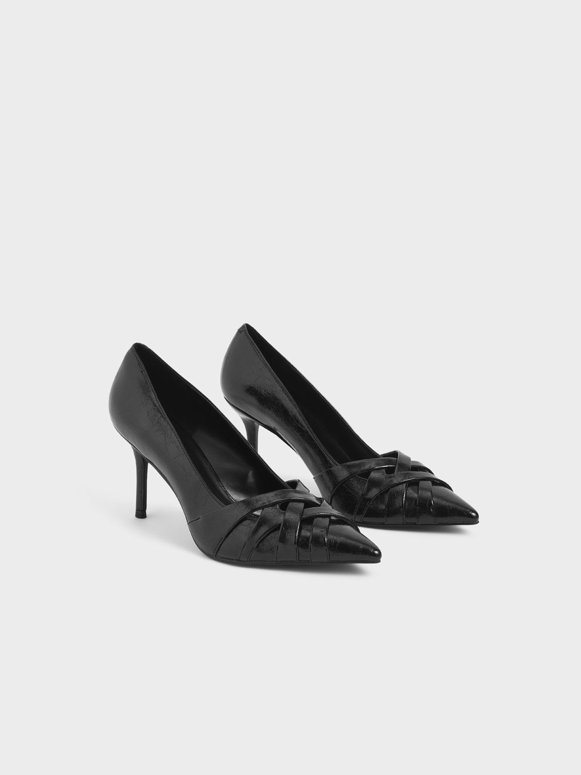 Sepatu Woven Patent Stiletto Pumps, Black, hi-res