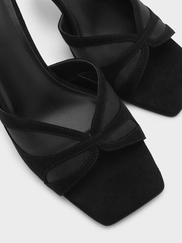 Sepatu Mules Heeled Mesh & Faux Suede, Black Textured, hi-res