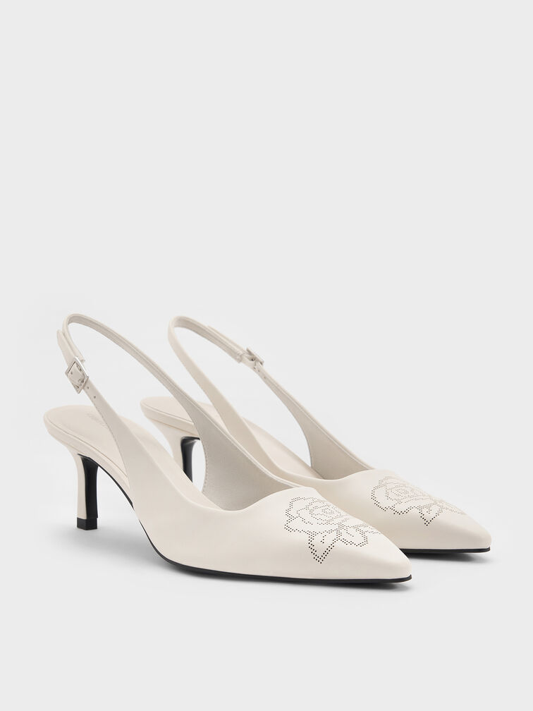 Perforated Rose Pointed-Toe Kitten-Heel Slingback Pumps, Chalk, hi-res