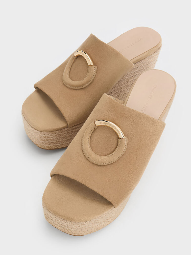 Sepatu Wedges Espadrille Metallic-Accent Faux Suede, Sand, hi-res