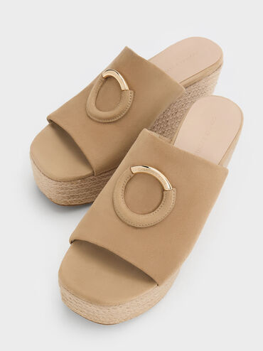 Sepatu Wedges Espadrille Metallic-Accent Faux Suede, Sand, hi-res